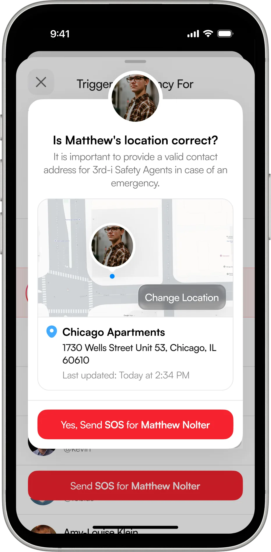 The SOS dialog: raise an alarm for yourself or for a friend, with a Safety Agent and 911 behind it