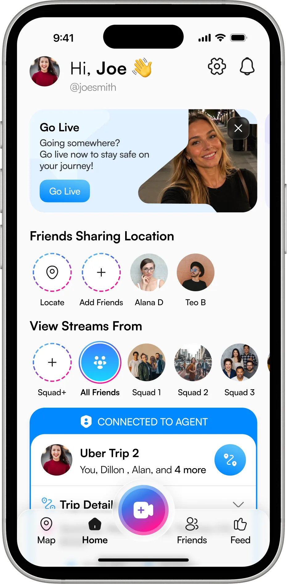 The 3rd-i home screen: a Go Live card, friends sharing their location, your squads, and a trip connected to a Safety Agent