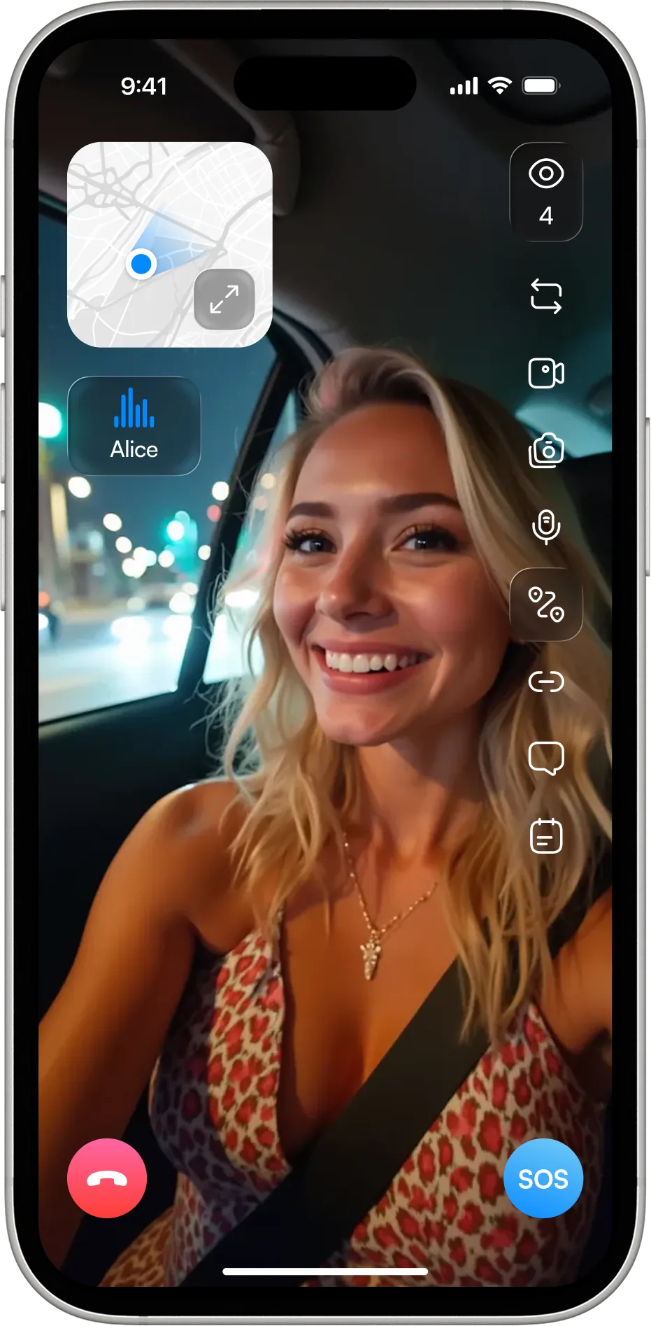 A live trip: the route on a floating map above the live video, viewers counted, with SOS one tap away
